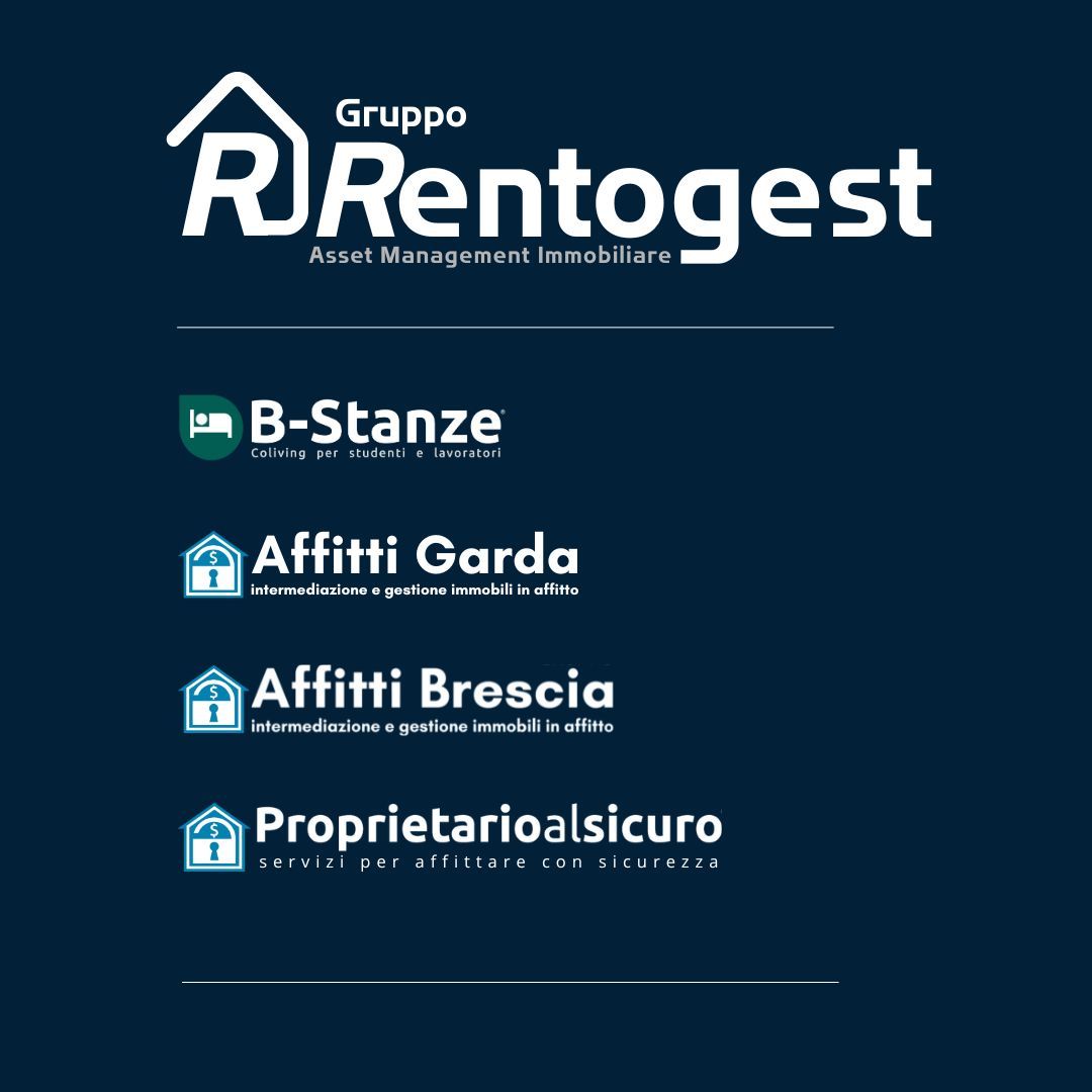 Grafica con loghi Rentogest, Affitti Brescia, Affitti Garda, B-Stanze, Proprietarioalsicuro scritte bianche su sfondo blu